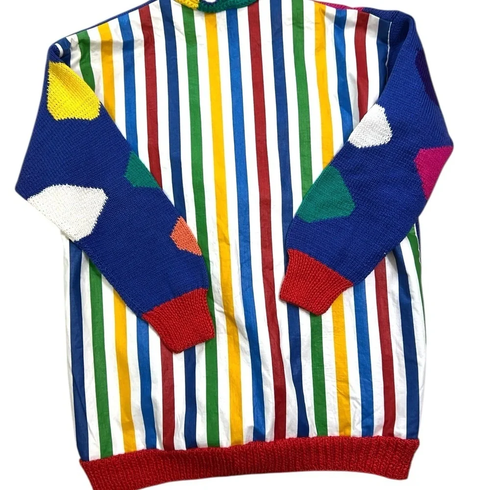 Vintage Circus Cardigan Cotton Tent Striped Clown Elephant Hand Knit Lined - Picture 6 of 14